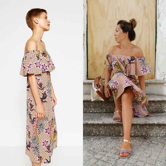 Zara Off The Shoulder Ruffle Top Floral Printed Midi Slip Dress Multi Color XS - Picture 9 of 9